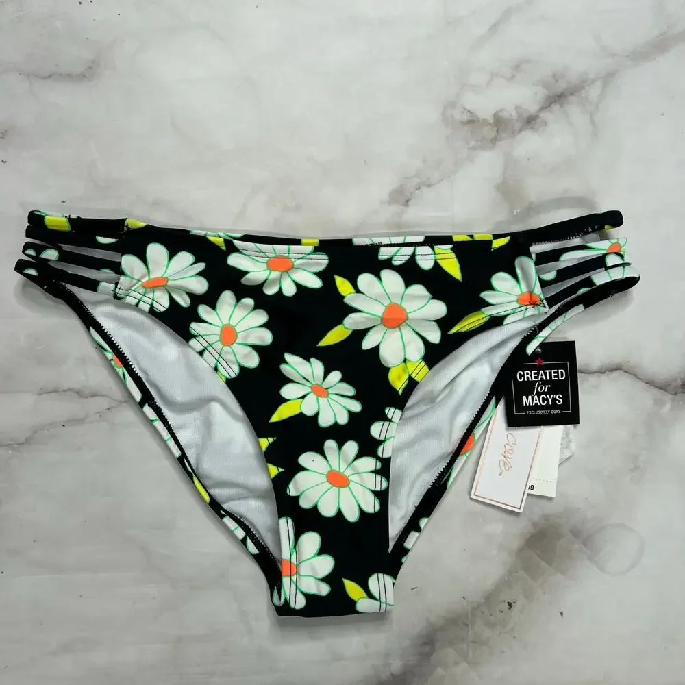 Salt + Cove Juniors Daisy Print Strappy Side Hipster Bikini Bottoms Size M Black
